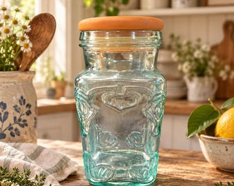 Vintage Italian Glass Jar with Terracotta Lid | Aqua Embossed Storage Jar | Cottagecore Kitchen Decor | 7.5” Tall