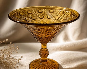 Vintage Indiana Glass Amber Pedestal Compote | 6” Amber Pressed Glass Centerpiece | Mid Century Catchall, Fruit Bowl, Planter, Decorative