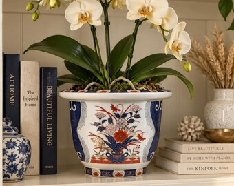 Vintage Chinoiserie Planter | Imari Style Ceramic Cachepot | Navy Blue Rust Red Floral Planter | Asian Inspired Home Decor