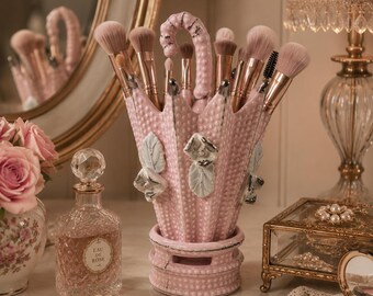 Vintage Pink Umbrella Vase | Blush Ceramic Floral Vase | Vanity Makeup Brush Holder | Cottagecore Decor | Romantic Shelf Accent | Unmarked V