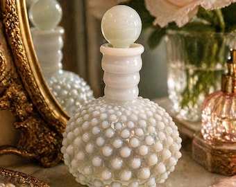 Fenton Hobnail Opaline Glass Perfume Bottle – 6” Vintage Vanity Bottle w/ Stopper | Original Label & Cork | Romantic Cottage Decor