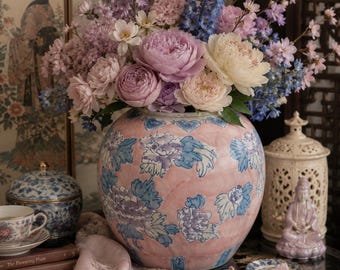 Vintage Pink Floral Vase | Large Chinoiserie Style Ceramic Vase | Blue & White Peony Decor | Grandmillennial Home Decor | Cottage