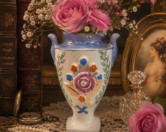 Vintage Floral Porcelain Bud Vase | Hand-Painted Raised Rose Vase | Romantic Cottagecore Decor | Petite Mantel Accent