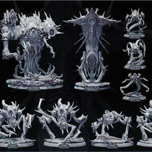 May include: A collection of grey Drel'kay Nexus miniature figures featuring various alien creature designs with intricate textures, spikes, and organic forms, each mounted on a circular base with labels indicating base sizes in millimeters.