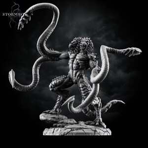 May include: A monochrome fantasy creature figurine with two lion-like heads, a muscular humanoid torso, and multiple long, tentacle-like appendages ending in sharp points. The figure stands on a rocky base with the text STORMBORN COLLECTING.