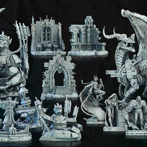 May include: A selection of grey miniature fantasy figurines and structures, including a dragon, statues, and architectural elements. The Star Vault logo is visible in the upper left corner, and the A Games logo is in the upper right.