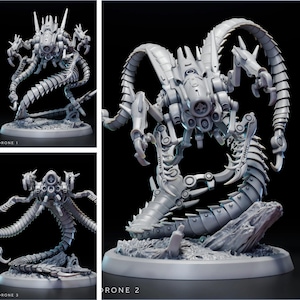May include: A light gray resin miniature of a mechanical creature with a central body, multiple segmented tentacles, and clawed appendages. The figure is mounted on a circular base and features intricate paneling and mechanical details throughout.