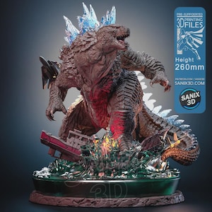Könnte beinhalten: Eine detaillierte Godzilla-Figur, die im Wasser mit einem versunkenen Boot steht, mit strukturierter brauner Haut, leuchtend blauen Rückenflossen und einer Höhe von 260mm. Die Basis enthält den Text Pre-Supported Printing 3D Files und Sanix 3D.