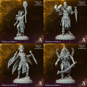 May include: Four grey miniature figurines from Empire of Sands Vault of the Scarab God. Each Vaultsworn Zealot features distinct armor, weaponry, and headgear, including staffs, blades, and insectoid motifs, all mounted on circular bases.
