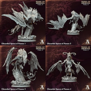 Peut inclure: Quatre figurines miniatures grises intitulées Tome of Demons Vol. V, étiquetées Discarded Spawn of Pazuzu 1 à 4. Chaque figurine représente une créature ailée à membres multiples avec des traits acérés, des plumes texturées et des cornes.