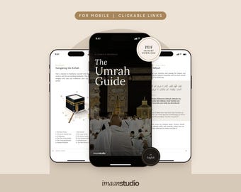 Op de afbeelding: Drie smartphones tonen een digitale Umrah-gids. Het middelste scherm toont de titel The Umrah Guide met een afbeelding van de Kaaba. De zijschermen tonen navigatiediagrammen en tekst. Een cirkelvormige badge geeft PDF instant download aan.