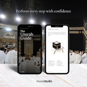 Peut inclure: Deux smartphones affichent des pages du "Guide de la Omra". L'un montre la couverture, l'autre un schéma de la Kaaba. L'arrière-plan présente la Kaaba et des personnes en vêtements blancs. Le texte "Perform every step with confidence" est en haut.