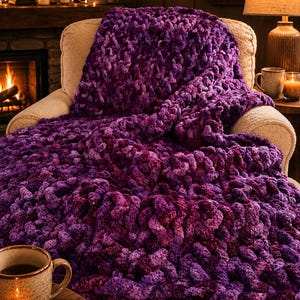 May include: A chunky knit throw blanket featuring a variegated color palette of deep purple, violet, and magenta yarn. The blanket has a thick, textured loop construction and is draped over a cream-colored upholstered armchair.