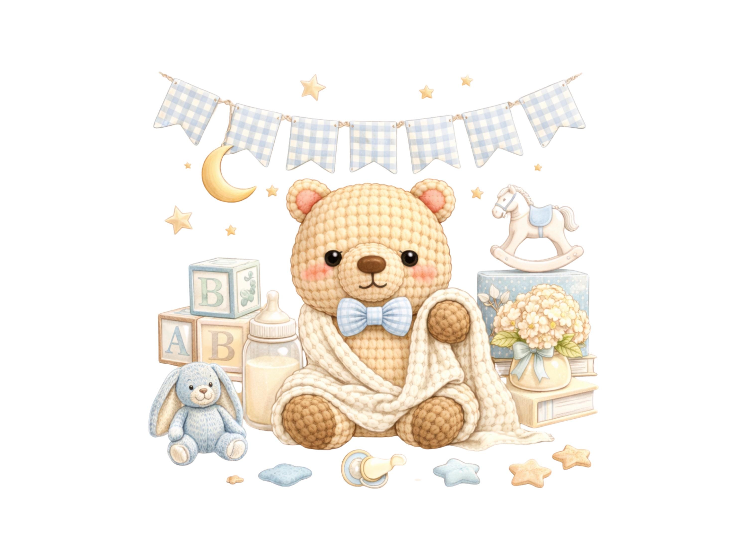 Teddy Bear Baby Shower Clipart Bundle – Watercolor Boy Nursery Graphics ...