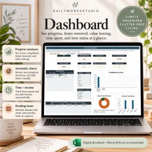 May include: A laptop screen displaying a digital declutter dashboard spreadsheet with tables, charts, and progress summaries. The interface includes sections for progress, task completion, items removed, and net sale income, designed for organised living.