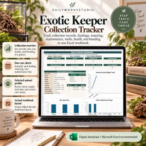 May include: A digital Exotic Keeper Collection Tracker Excel workbook displayed on a laptop screen. The dashboard features data tables, weight trend line graphs, and bar charts for tracking animal records, feedings, watering, and maintenance.
