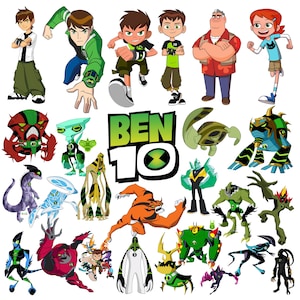 May include: A collection of cartoon characters and the "Ben 10" logo. The characters include Ben Tennyson in various outfits, along with other characters and alien forms. The logo is green and white.