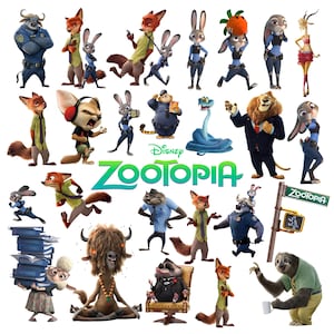 Könnte beinhalten: Ein farbenfrohes Bild mit Charakteren aus dem Disney-Film "Zoomania". Das Bild zeigt verschiedene anthropomorphe Tiere, darunter ein Fuchs, ein Kaninchen und ein Löwe. Das "Zootopia"-Logo ist prominent dargestellt.
