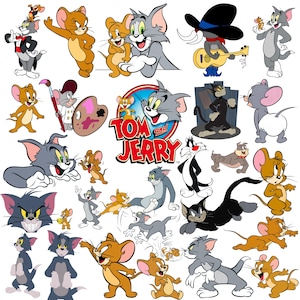 May include: A collection of cartoon images featuring Tom and Jerry characters. The images include various poses of the cat and mouse duo, along with other characters from the animated series. The color palette is bright and vibrant, with a focus on primary colors.