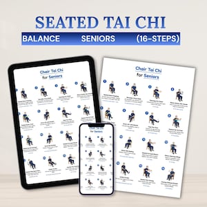 Pode incluir: Um tablet digital, um smartphone e uma página impressa exibem um guia de Tai Chi Sentado para idosos. O guia inclui ilustrações de 16 etapas, com o título "Seated Tai Chi" no topo.