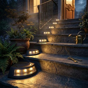 May include: Solar-powered step lights on a stone staircase. The black lights have a curved design and emit a warm glow. The steps lead to a wooden door, with potted plants and a watering can nearby. The lights are approximately 20 cm in diameter.