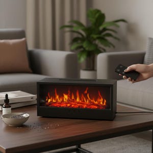 Peut inclure: Une cheminée électrique noire avec un effet de flamme réaliste, posée sur une table basse en bois foncé. Une main tient une télécommande. La cheminée est rectangulaire et possède une façade en verre. Un bol, des livres et une plante sont également visibles.