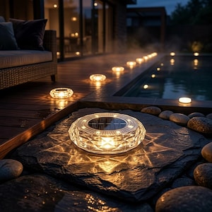 May include: Solar-powered, crystal-effect outdoor lights illuminate a patio and pool area. The lights are round with a faceted design, casting a warm glow. The scene includes a dark wooden deck, a pool, and decorative stones.