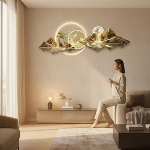 Puede incluir: Reloj de pared decorativo dorado con diseño de montaña y luna, enmarcado por un círculo luminoso. El reloj muestra los números 3, 6, 9 y 12. El diseño incluye un árbol y una luna, sobre una pared beige.