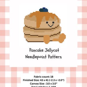 May include: A cross-stitch pattern featuring a smiling pancake character with syrup and a blueberry. The design is labeled "Pancake Jellycat Needlepoint Pattern" and includes fabric and size details. The finished size is approximately 1.7 x 1.6 inches.