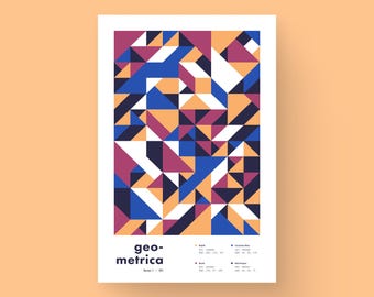 Impresión artística geométrica azul, naranja y púrpura / Decoración de pared con mosaico llamativo / Geométrica n.° 11