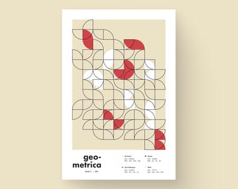 Impresión de mosaico geométrico en rojo crema / Arte mural moderno de mediados de siglo / Geométrica n.° 16