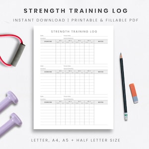 Daily Workout Tracker for strength and weight training, minimal fitness exercise log template, black & white digital template printable PDF