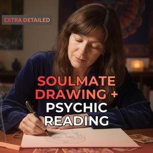 Peut inclure: Une femme en haut de velours bleu foncé dessine sur du papier blanc avec un stylo noir. Le texte "SOULMATE DRAWING + PSYCHIC READING" est affiché en rouge et blanc. L'image est étiquetée "EXTRA DETAILED".