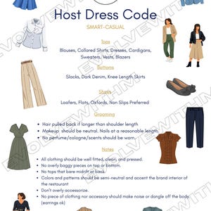 Puede incluir: Una guía de código de vestimenta para anfitriones con texto e ilustraciones de ropa casual elegante, incluyendo vestidos, blazers, blusas, pantalones y faldas. El documento detalla normas de aseo, requisitos de ajuste y notas de estilo.