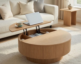 Runder Lift-Top Couchtisch mit versteckter Aufbewahrung, natürliches Eichenholz, modernes geriffeltes Design