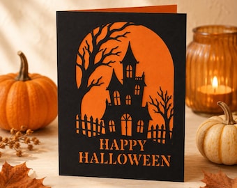Karta na Halloween z nawiedzonym domem SVG Cricut Cut File 5x7 Layered Papercraft Template