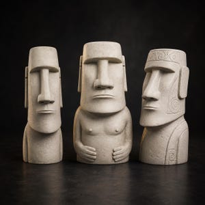 Peut inclure: Trois statues de couleur beige clair représentant des figures Moaï. La figure de gauche est un buste haut, celle du centre montre un torse avec les mains posées sur le ventre, et celle de droite présente des motifs en spirale sculptés.