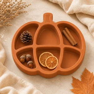 Puede incluir: Un plato dividido de silicona con forma de calabaza en color naranja quemado. El plato cuenta con seis secciones distintas que contienen una piña, dos ramas de canela, tres bellotas y dos rodajas de naranja seca en los compartimentos.