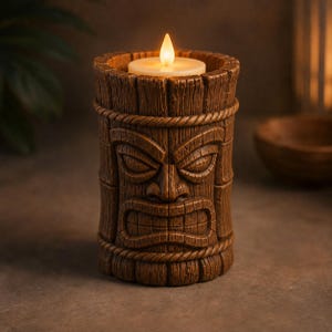 Peut inclure: Un bougeoir cylindrique marron représentant un visage tiki sculpté avec une texture de grain de bois et des détails de corde en haut et en bas. Une petite bougie chauffe-plat blanche avec une flamme jaune brillante est placée à l'intérieur.