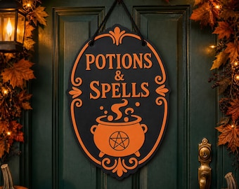 Halloween Door Sign STL, Potions and Spells Height-Colored 3MF, Witch Decor
