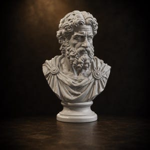 May include: A light grey bust sculpture of a bearded man with curly hair, wearing a draped garment secured at the shoulders with circular brooches. The figure has a stern facial expression, deep-set eyes, and rests on a circular pedestal base.