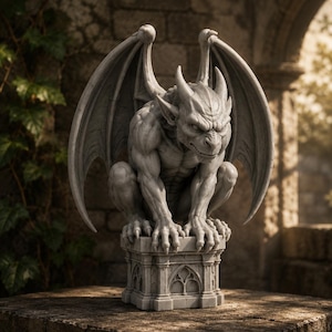 Può includere: Una statua di gargoyle grigia con grandi ali e un'espressione feroce. La statua è appollaiata su un piedistallo decorativo con dettagli ad arco gotico. La scultura è in pietra ed è ambientata contro un muro di pietra.