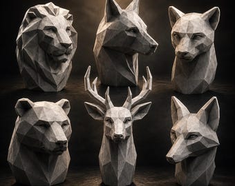 Paquete de archivos STL de cabezas de animales de baja poligonalidad: 6 esculturas geométricas de animales.