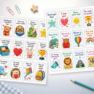May include: Two sheets of rectangular stickers featuring colorful cartoon illustrations and encouraging phrases like You've got this, I love you, and You are one smart cookie. The designs include animals, food, trophies, and nature elements.