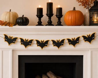 Guirnalda de murciélagos de Halloween en formato SVG, archivo de corte Cricut en capas, decoración de pancarta de murciélagos en negro y naranja.