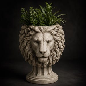 May include: A light beige stone planter shaped like a detailed lion head with a flowing mane. The top of the lion head serves as a container for green foliage, featuring small rounded leaves on the left and long pointed leaves on the right.