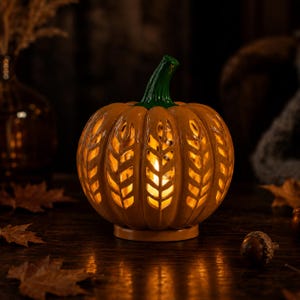 May include: A ceramic pumpkin lantern with a glossy orange finish and a green stem. The pumpkin features cut-out patterns resembling wheat stalks, allowing a warm, glowing light to shine from within the hollow interior of the decorative object.