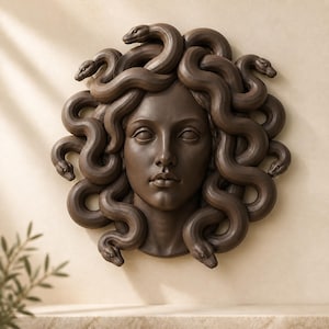 Puede incluir: Una escultura de pared de color marrón oscuro que representa un rostro humano rodeado por una corona de serpientes entrelazadas. El relieve presenta una disposición simétrica de serpientes con cabezas y escamas visibles.