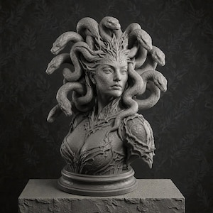 Può includere: Busto in scala di grigi di Medusa, una figura mitologica, scolpito con dettagli intricati. La scultura presenta il volto di una donna con una corona di serpenti, un'armatura dettagliata e una base a piedistallo. L'opera d'arte è ambientata su uno sfondo scuro e strutturato.