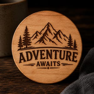 May include: A circular light brown wooden coaster featuring a dark brown laser-engraved design of a mountain range and pine trees. The text "ADVENTURE AWAITS" is centered below the mountain graphic in a bold, capitalized serif font.